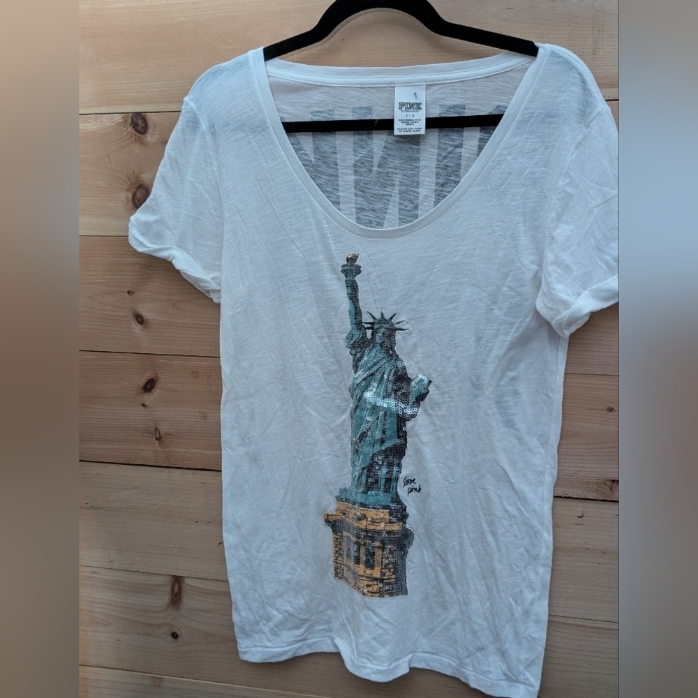 Pink Victorias Secret White Graphic T-Shirt with Statue of Liberty Design